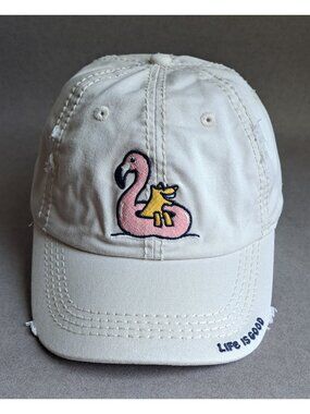 Life is Good: Dog with Flamingo Float USED Hat (Strapback, Tan, Swimming)